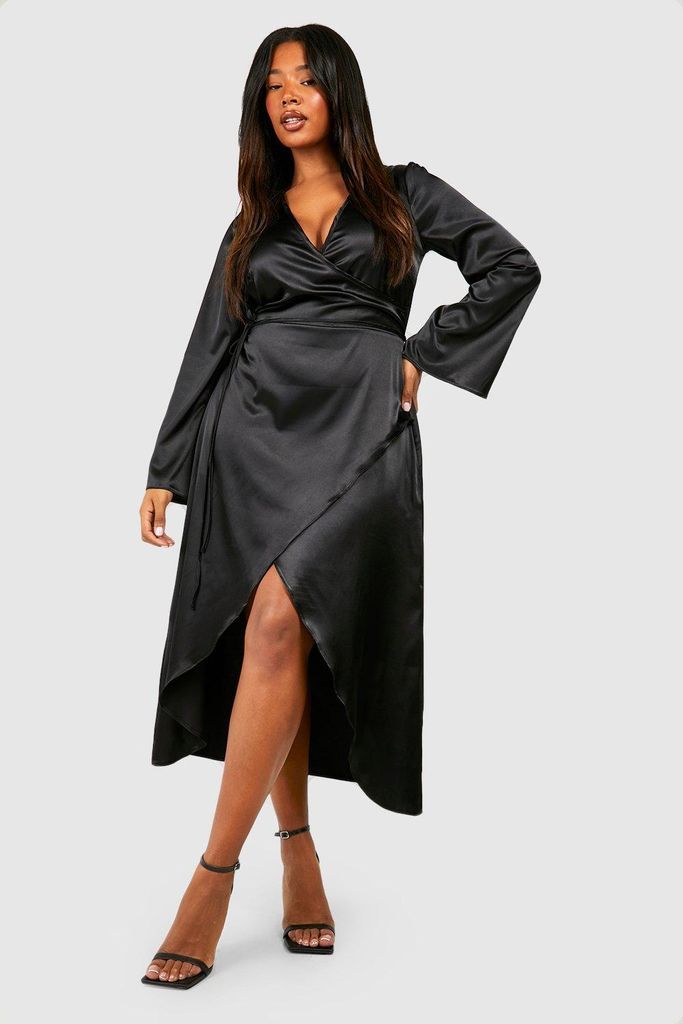 Womens Plus Satin Flared Sleeve Wrap Midi Dress - Black - 16, Black