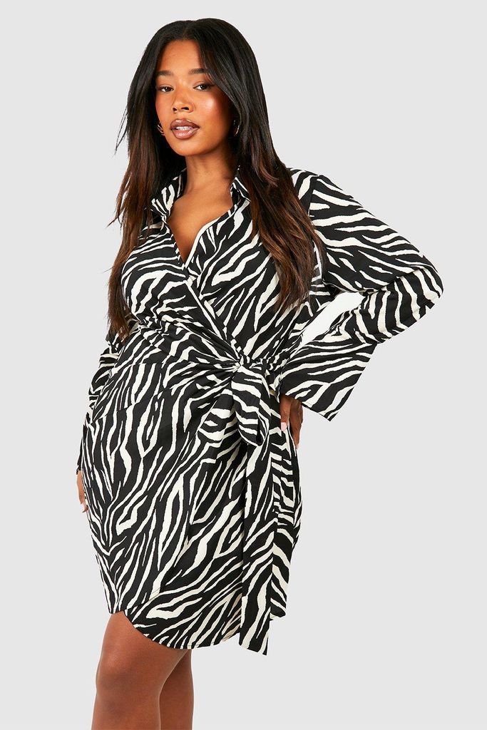 Womens Plus Zebra Print Wrap Shirt Dress - Black - 16, Black