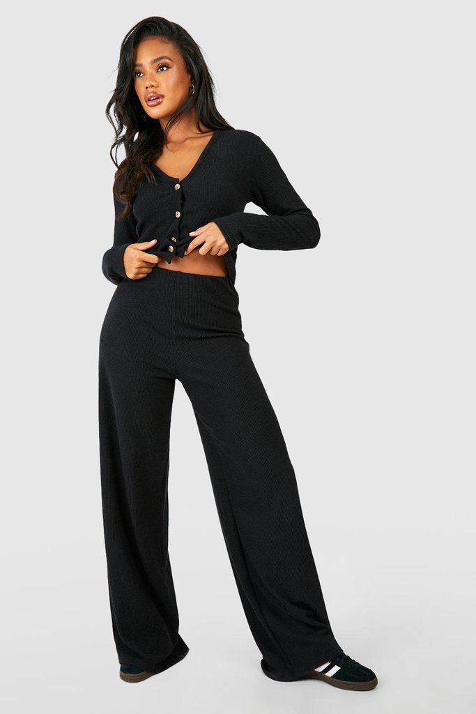Womens Ribbed Slouchy Wide Leg Trousers - Black - 6, Black