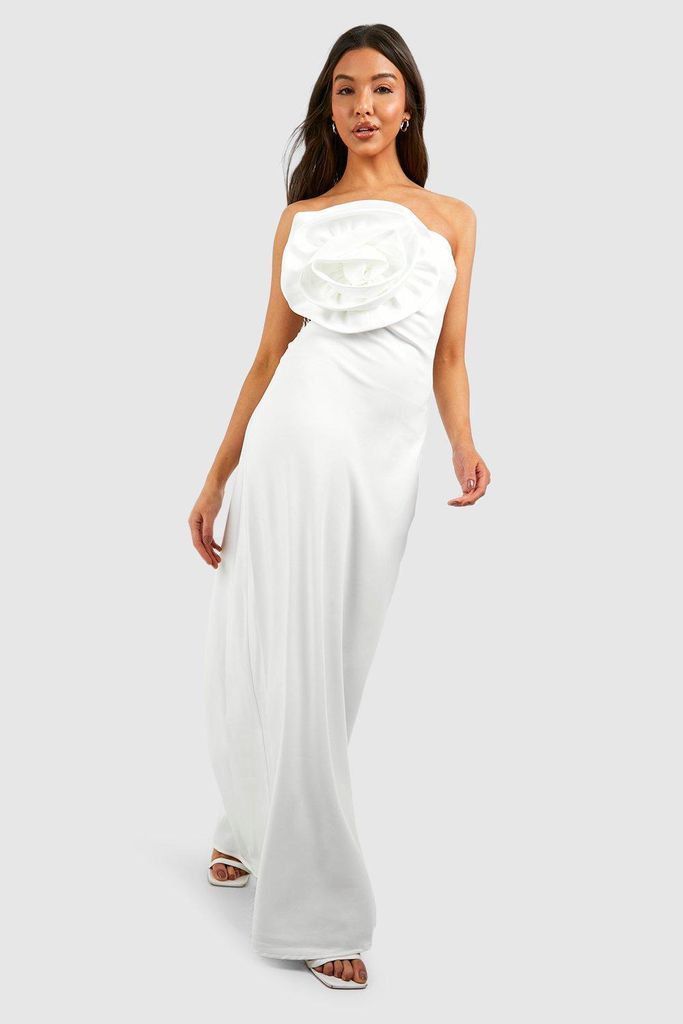Womens Rose Detail Bandeau Maxi Dress - White - 8, White