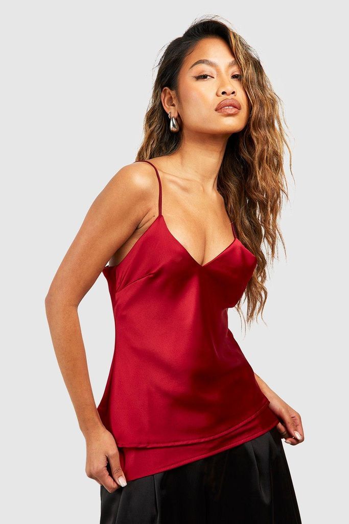 Womens Satin Double Layer Cami - Red - 6, Red