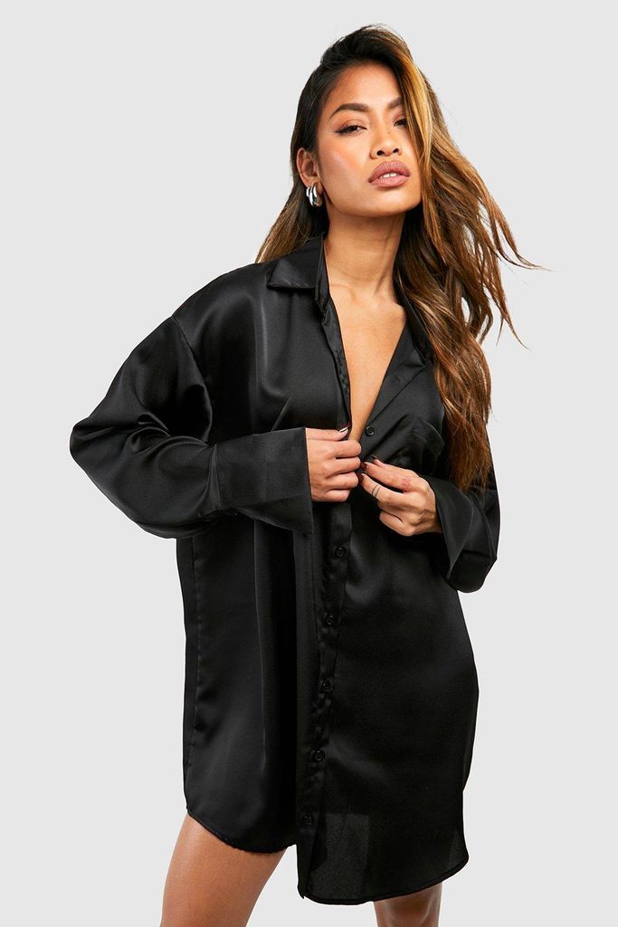 Womens Satin Pocket Detail Fluid Fit Shirt Dress - Black - 6, Black