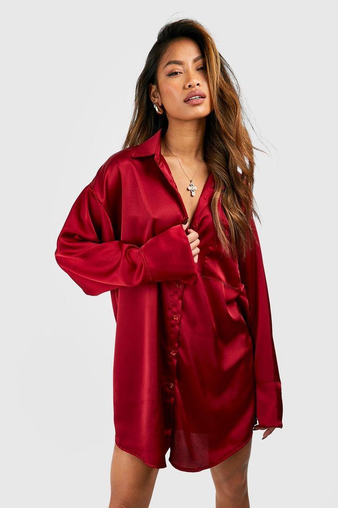 Womens Satin Pocket Detail Fluid Fit Shirt Dress - Red - 6, Red