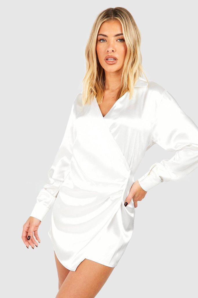 Womens Satin Wrap Shirt Dress - White - 8, White