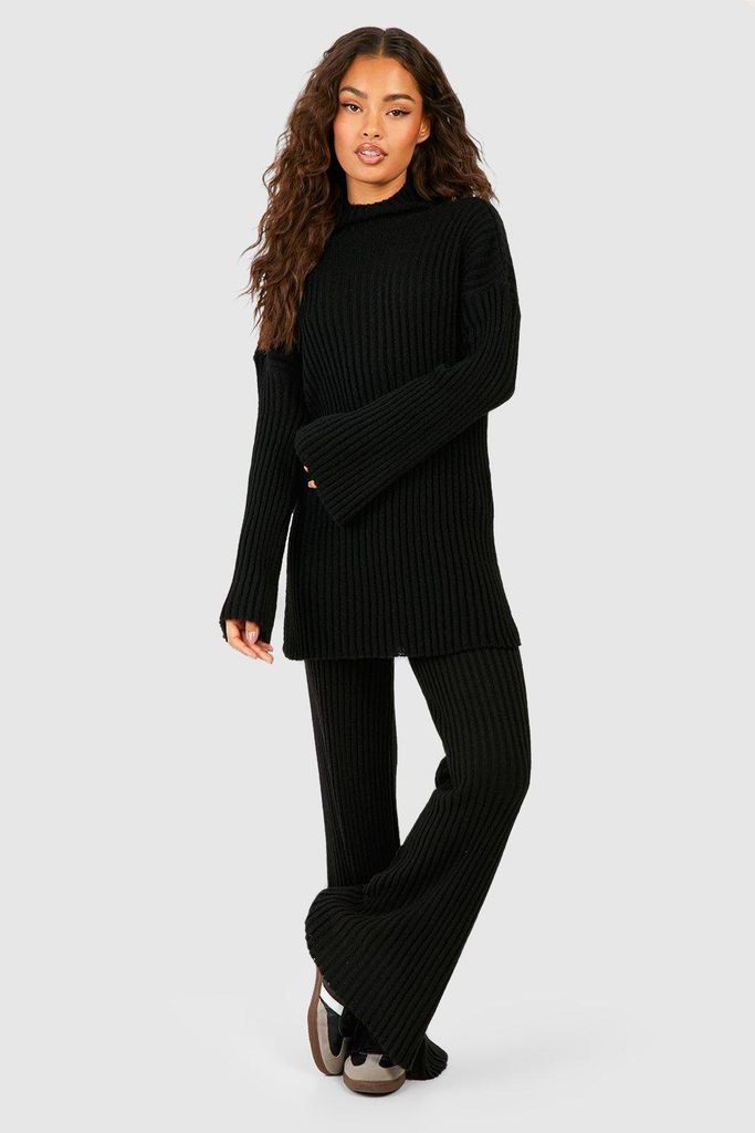 Womens Soft Rib Knit Jumper And Wide Leg Trouser Co-Ord - Black - S, Black