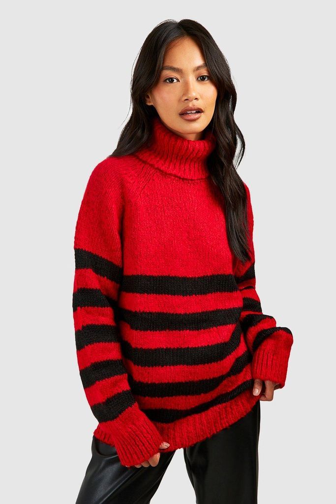 Womens Stripe Roll Neck Jumper - Red - S/M, Red