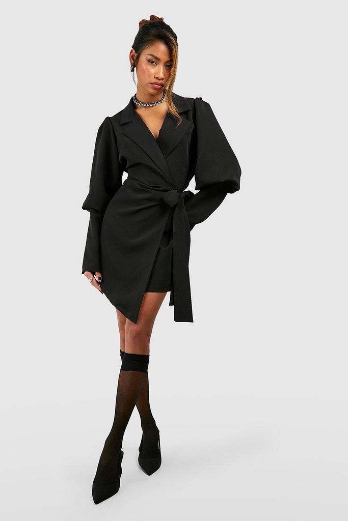 Womens Volume Sleeve Tie Waist Blazer Dress - Black - 6, Black