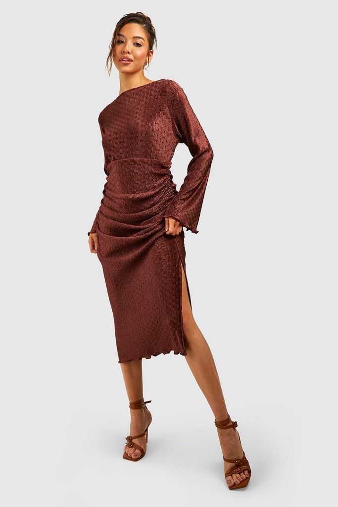 Womens Wave Plisse Rouched Midaxi Dress - Brown - 8, Brown