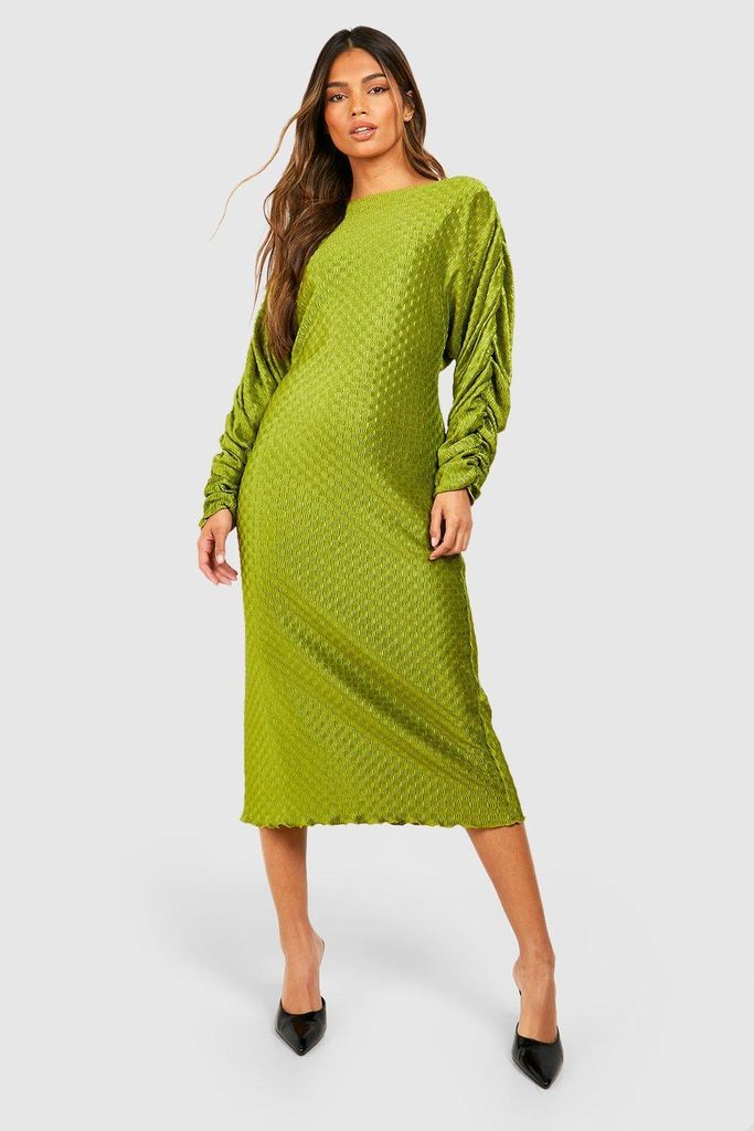 Womens Wave Plisse Rouched Sleeve Midi Dress - Green - 8, Green