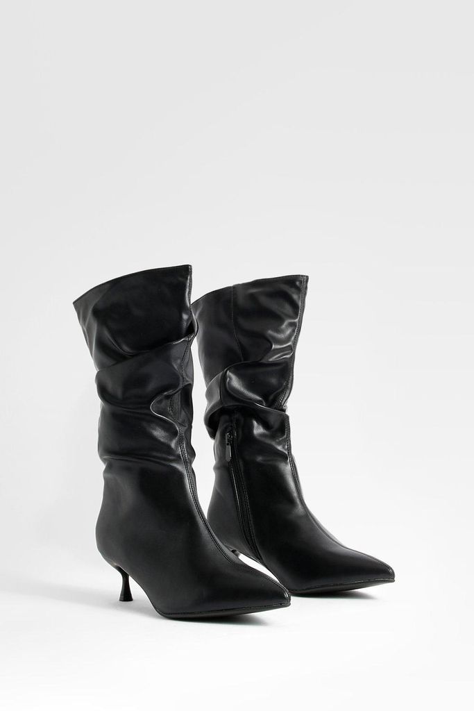 Womens Wide Fit Ruched Low Heel Knee High Boots - Black - 3, Black