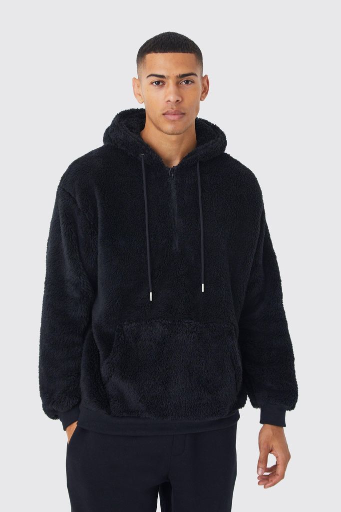 Men's Oversized Half Zip Neck Borg Hoodie - Black - S, Black