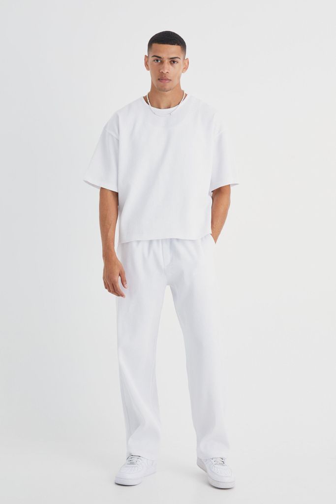 Men's Pleated Oversized Boxy T-Shirt & Trouser - White - S, White