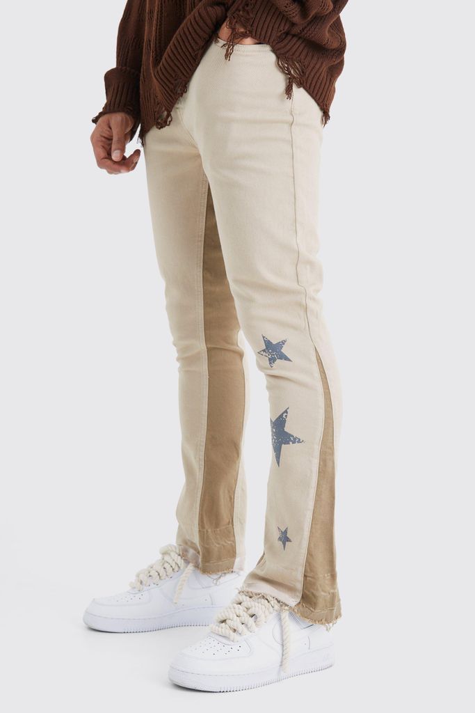 Men's Skinny Flare Gusset Print Trouser - Beige - 28, Beige