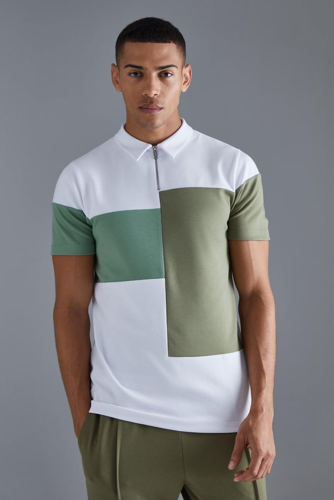 Men's Slim Colour Block 1/4 Zip Short Sleeve Polo - Green - S, Green