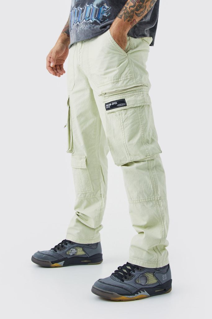 Men's Straight Leg Multi Zip Ripstop Cargo Trouser With Woven Tab - Green - 28, Green