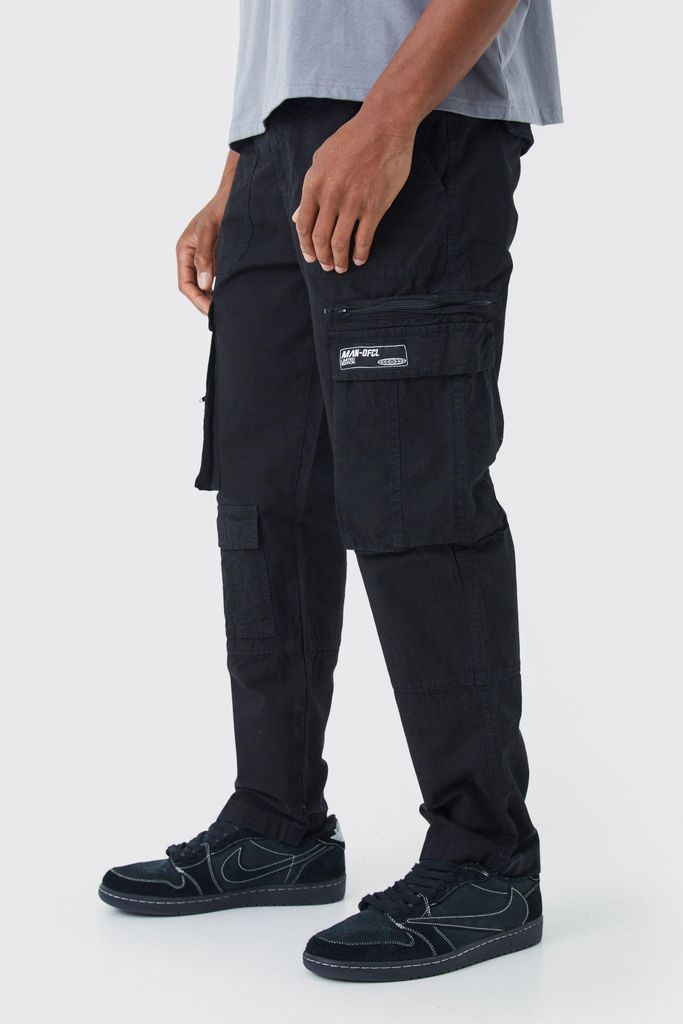 Men's Straight Leg Multi Zip Ripstop Cargo Trouser With Woven Tab - Black - 28, Black