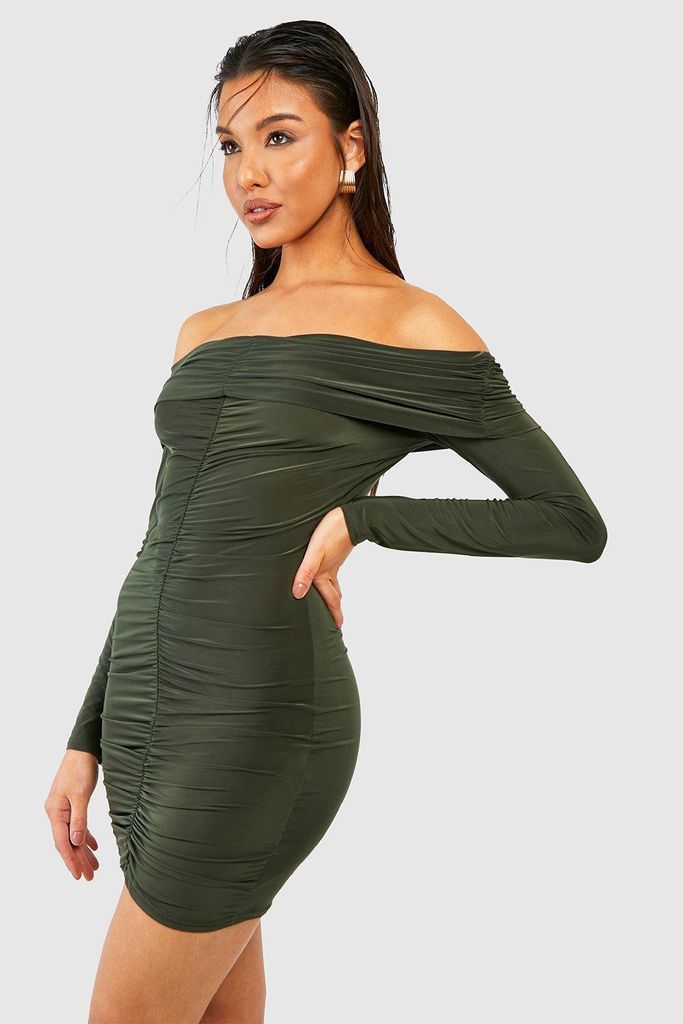 Womens Bardot Ruched Slinky Mini Dress - Green - 8, Green