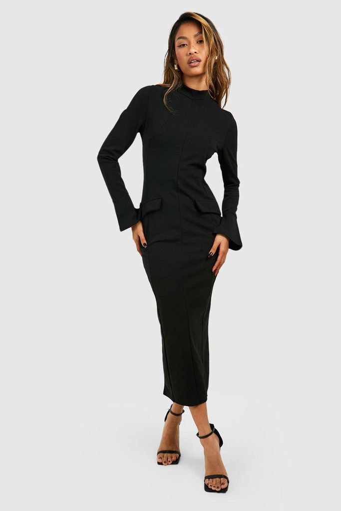 Womens Crepe High Neck Pocket Detail Midaxi Dress - Black - 6, Black