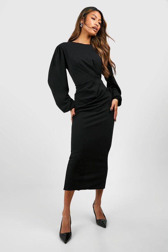 Womens Drape Side Volume Sleeve Crepe Midaxi Dress - Black - 6, Black