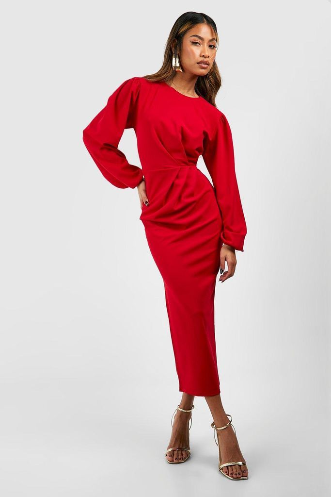 Womens Drape Side Volume Sleeve Crepe Midaxi Dress - Red - 6, Red