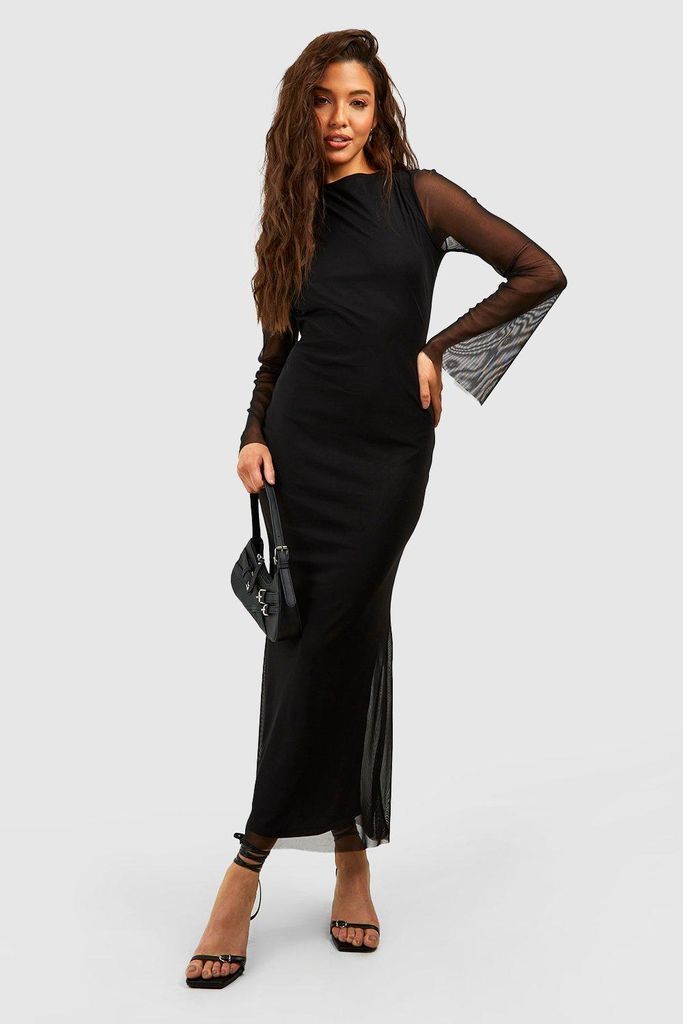 Womens Long Sleeve Mesh Maxi Dress - Black - 8, Black