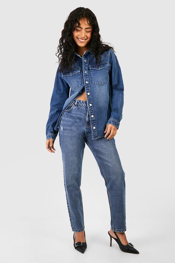 Womens Mid Blue Wash Mom Jeans - 6, Blue
