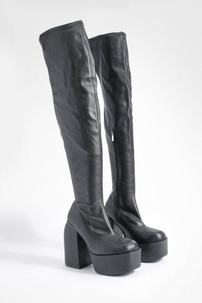 Womens Platform Block Heel Stretch Pu Knee High Boots - Black - 3, Black