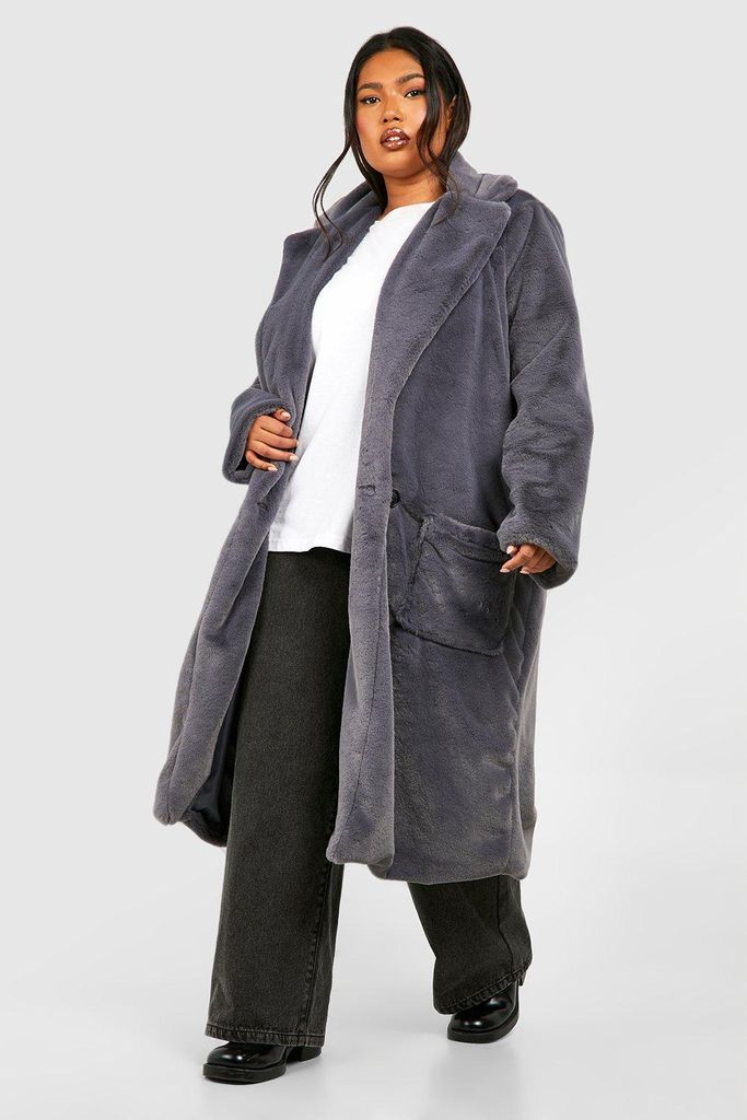 Womens Plus Faux Fur Longline Overcoat - Grey - 16, Grey