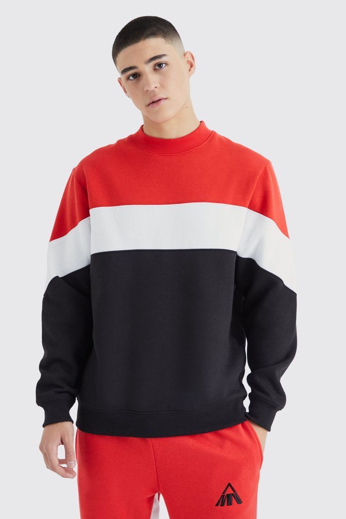 Men's Colour Block Extended Neck Sweatshirt - Red - S, Red