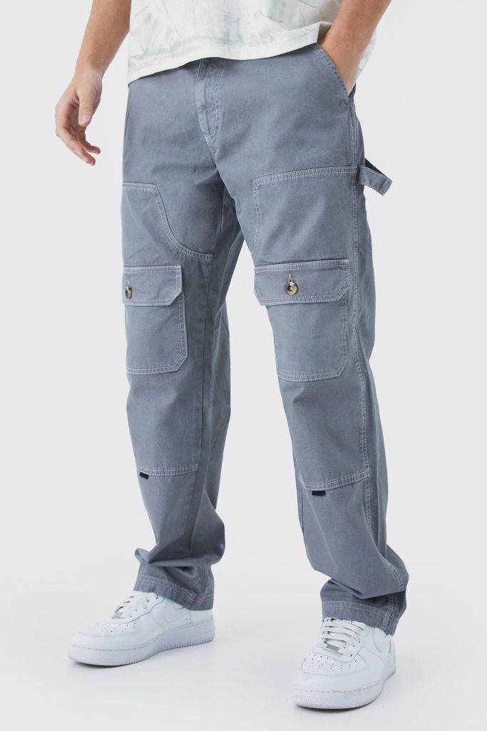 Men's Relaxed Carpenter Cargo Contrast Stitch Trouser - Grey - 28, Grey
