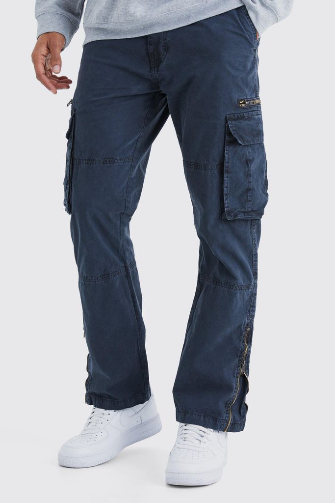Men's Straight Leg Overdye Acid Wash Multi Zip Cargo Trouser - Grey - 28, Grey