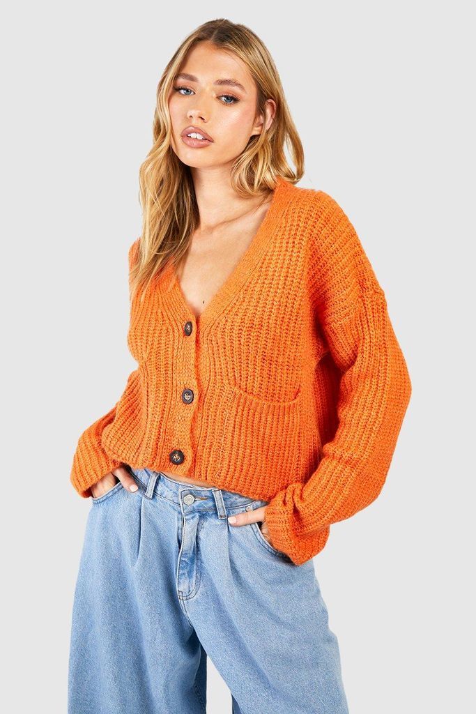 Womens 3 Button Slouchy Cardigan With Pockets - Orange - S/M, Orange