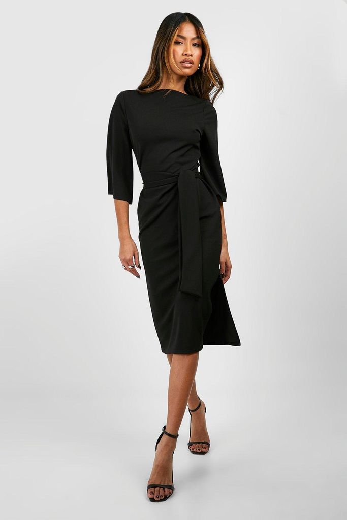 Womens Belted Half Sleeve Side Split Midi Dress - Black - 6, Black