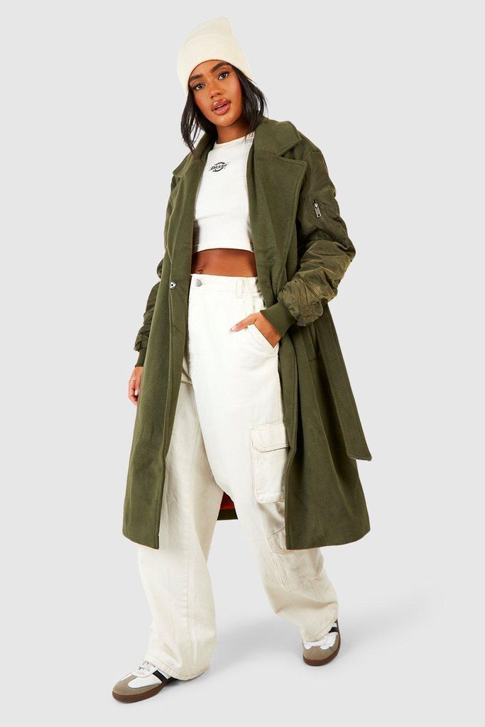 Womens Bomber Sleeve Belted Maxi Coat - Green - S, Green