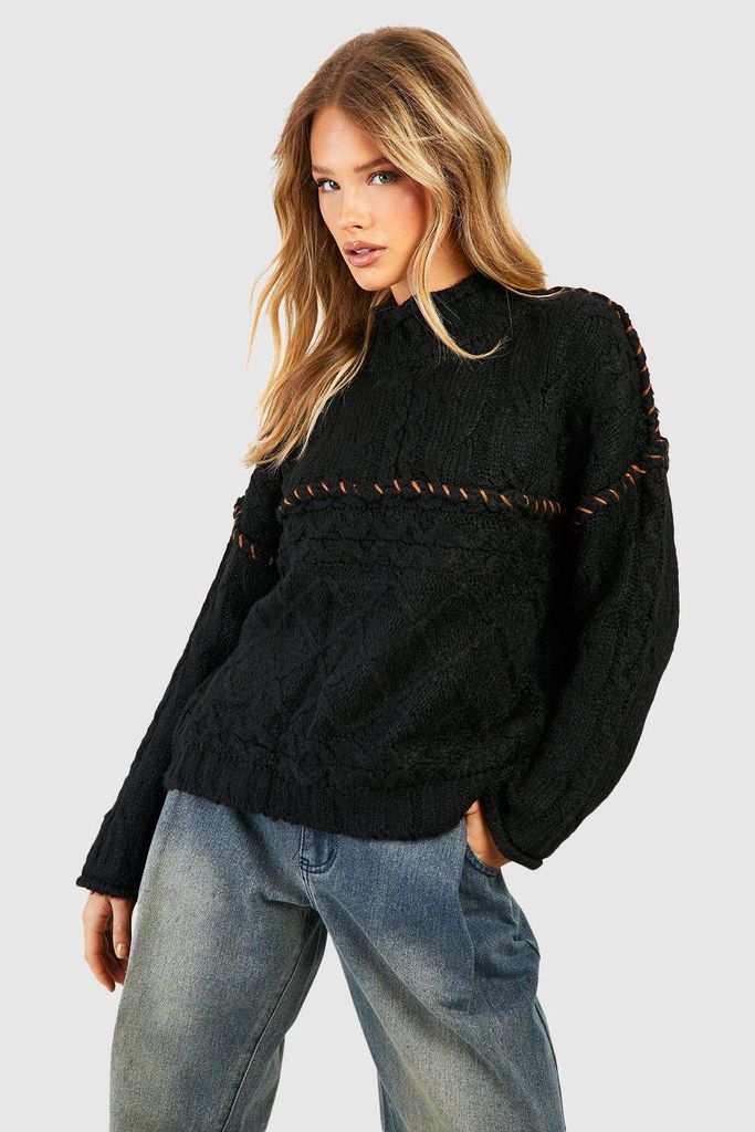 Womens Chunky Contrast Stitch Jumper - Black - S/M, Black