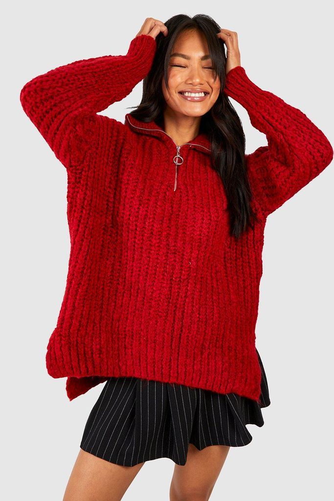 Womens Chunky Half Zip Jumper - Red - S/M, Red