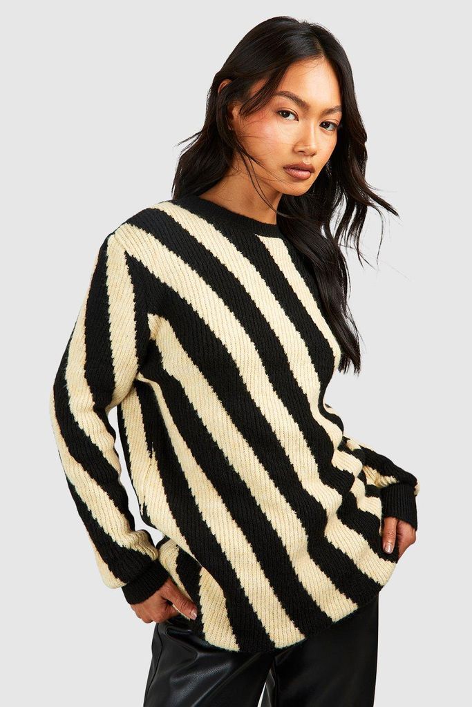 Womens Diagonal Stripe Oversized Knitted Jumper - Black - S/M, Black