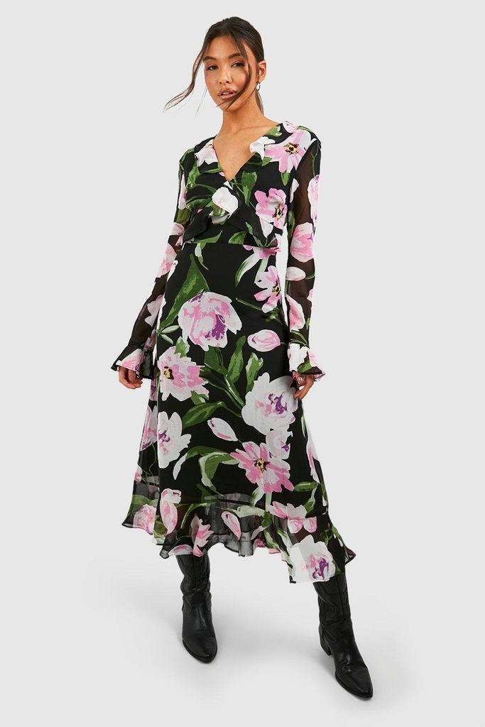 Womens Floral Chiffon Printed Smock Dress - Black - 8, Black