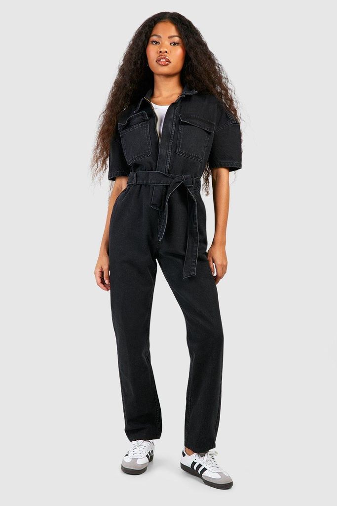 Womens Petite Denim Short Sleeve Belted Boilersuit - Black - 6, Black