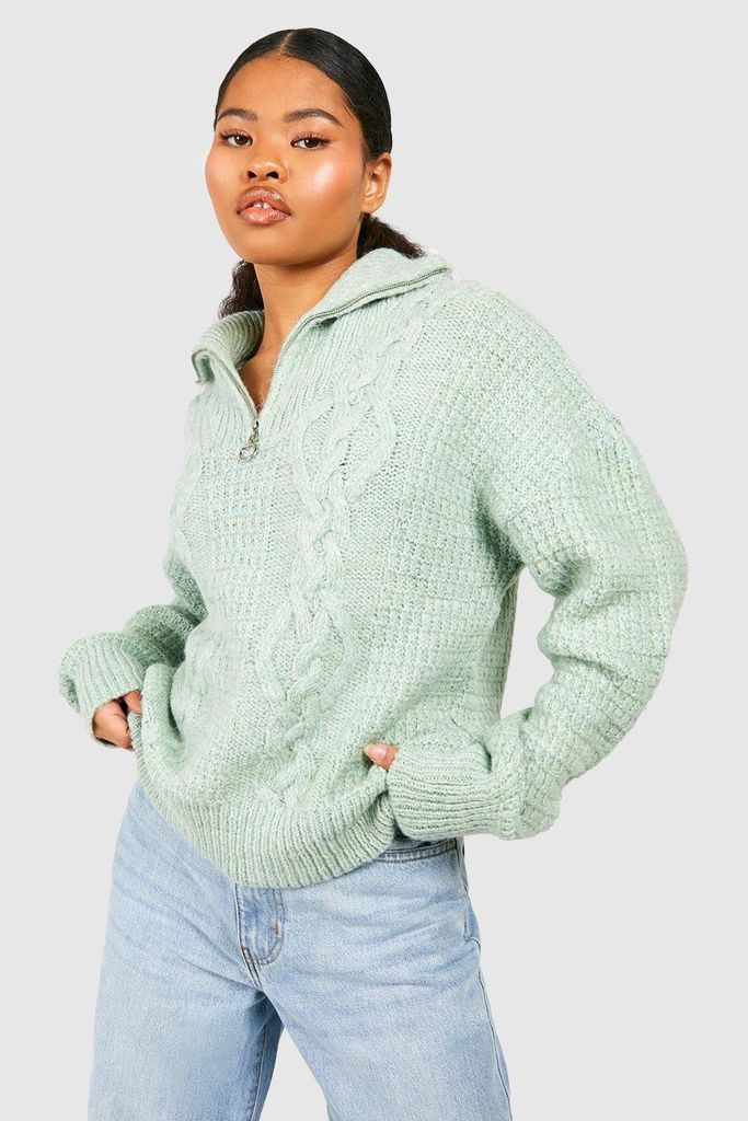 Womens Petite Half Zip Cable Knit Jumper - Green - S/M, Green