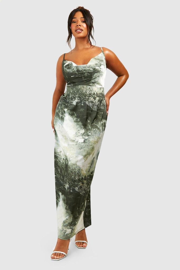 Womens Plus Marble Printed Satin Maxi Dress - Green - 16, Green