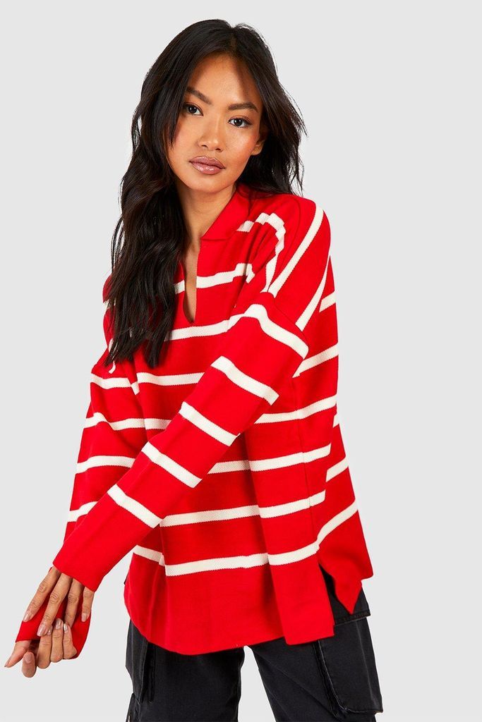 Womens Polo Collar Stripe Jumper - Red - S/M, Red