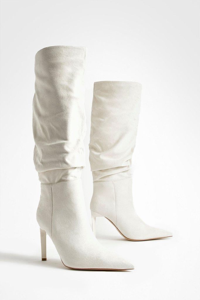 Womens Ruched Stiletto Pointed Toe Boots - White - 3, White