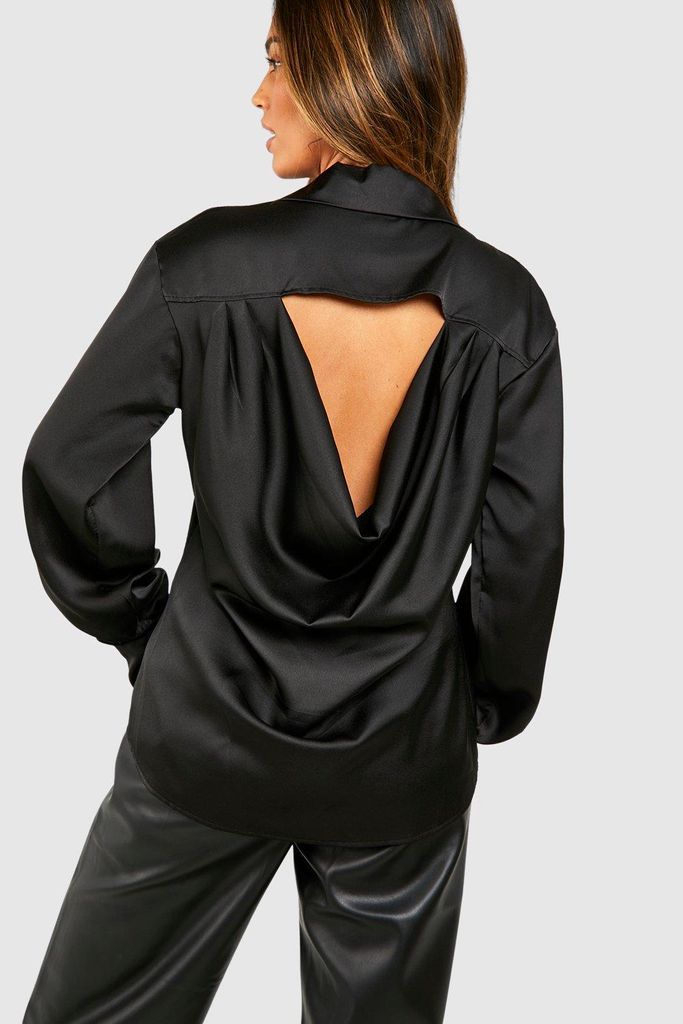 Womens Satin Cowl Back Volume Sleeve Shirt - Black - 6, Black