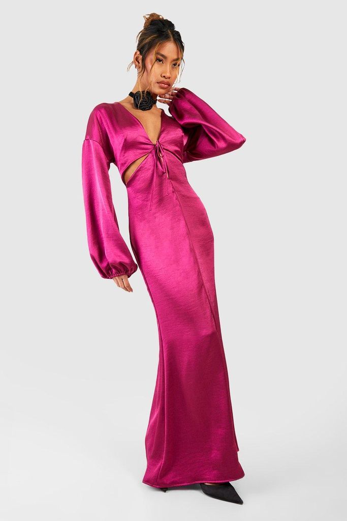 Womens Satin Cut Out Blouson Sleeve Maxi Dress - Pink - 8, Pink