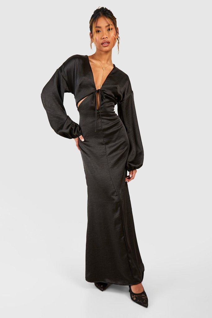 Womens Satin Cut Out Blouson Sleeve Maxi Dress - Black - 8, Black
