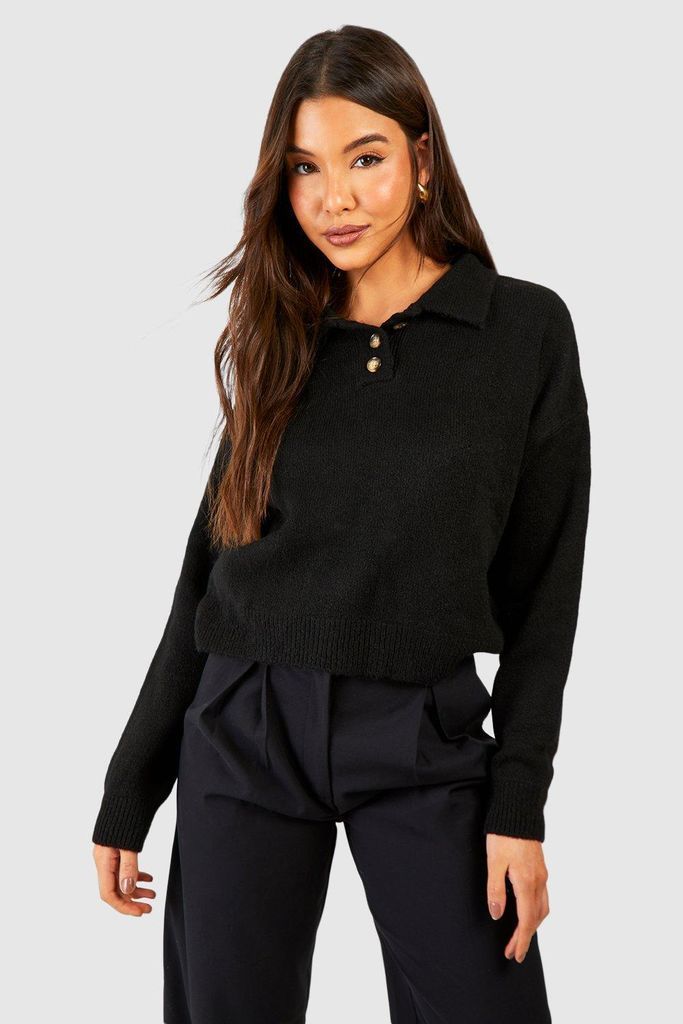 Womens Soft Knit Jumper With Polo Collar - Black - S/M, Black
