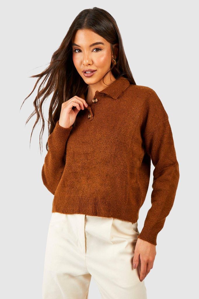 Womens Soft Knit Jumper With Polo Collar - Beige - S/M, Beige