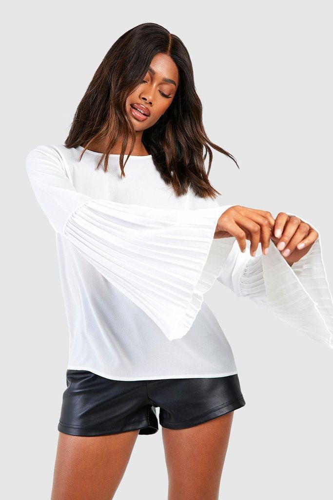 Womens Woven Pleated Flared Cuff Blouse - White - 6, White