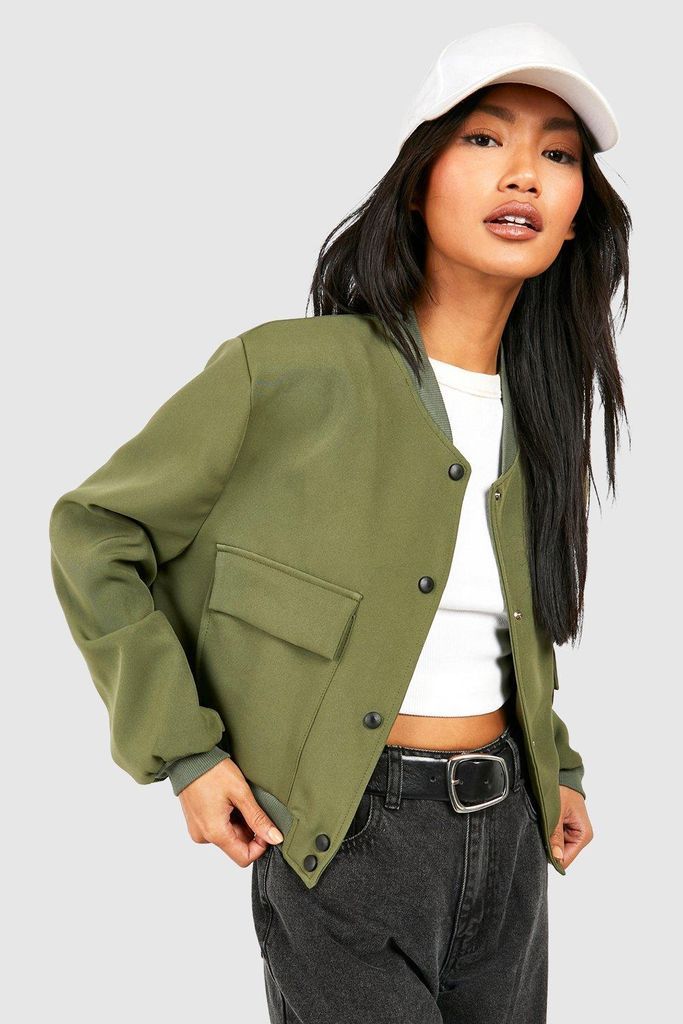 Womens Woven Pocket Detail Relaxed Fit Bomber Jacket - Green - 6, Green